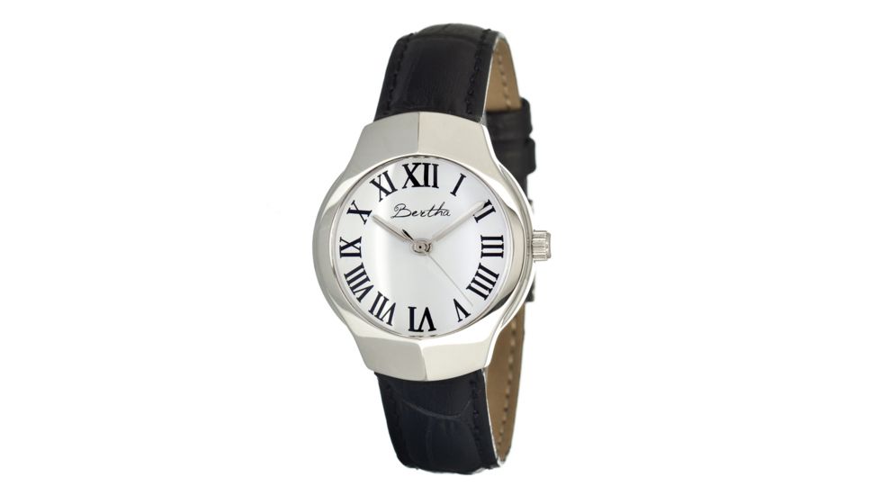 Bertha Pauline Ladies Watch, Black Leather Band, Silver Bezel, White Analog Dial, Silver Hand BTHBR403