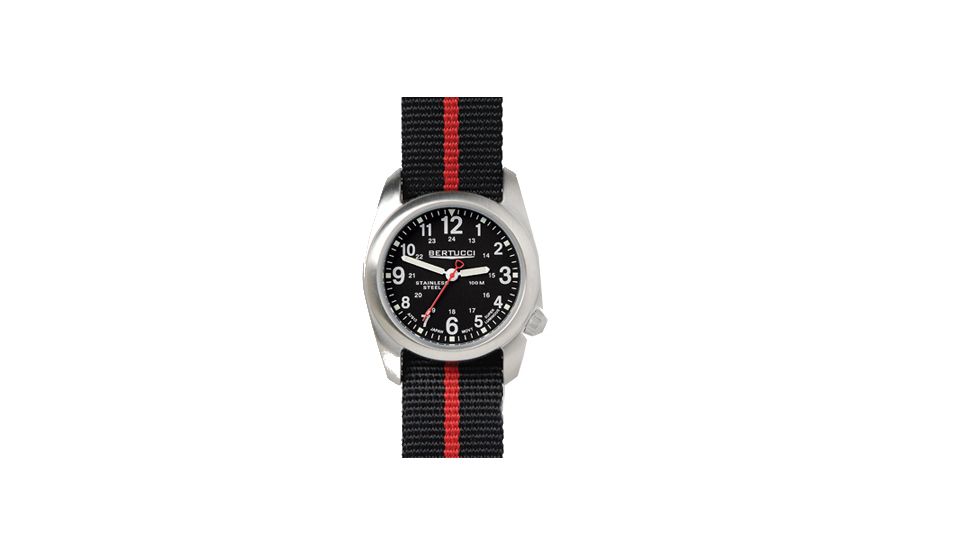 Bertucci Watches A-2S Brushed Stainless Thin Red Line Watch, Black Dial, Active Comfort High Performance Band, 11078