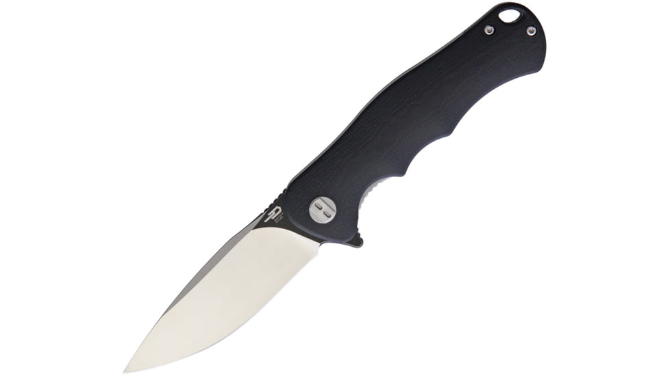 Bestech Knives Bobcat Linerlock Black Folding Knife, 3.25 D2 tool steel black stonewash and satin fini, Black finger grooved G10 handle, BG22A-2