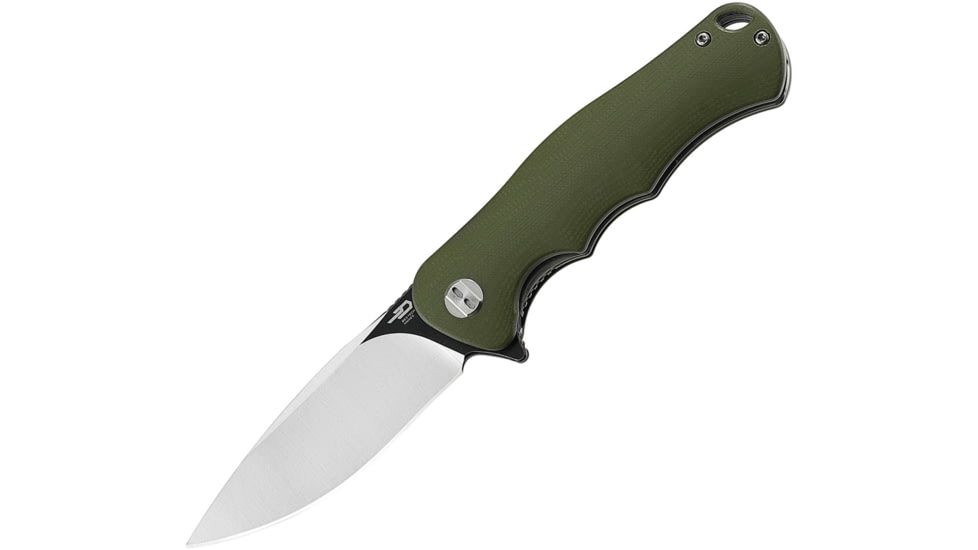 Bestech Knives Bobcat Linerlock Green Folding Knife, 3.25 D2 tool steel black stonewash and satin fini, Green finger grooved G10 handle, BG22B-2