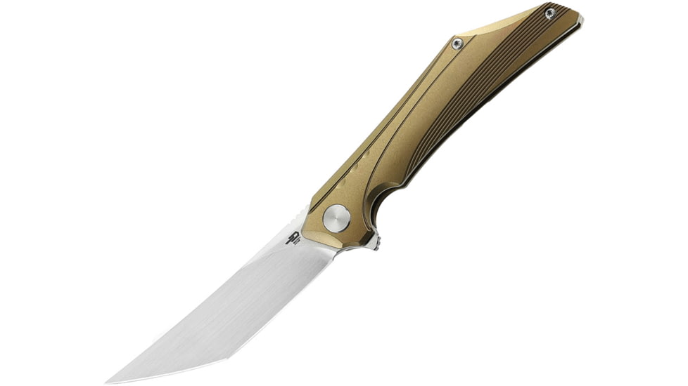 Bestech Knives Kamoza Framelock Gold Folding Knife, 3.63 satin finish Bohler M390 stainless tanto bla, Gold titanium handle, BT1911C