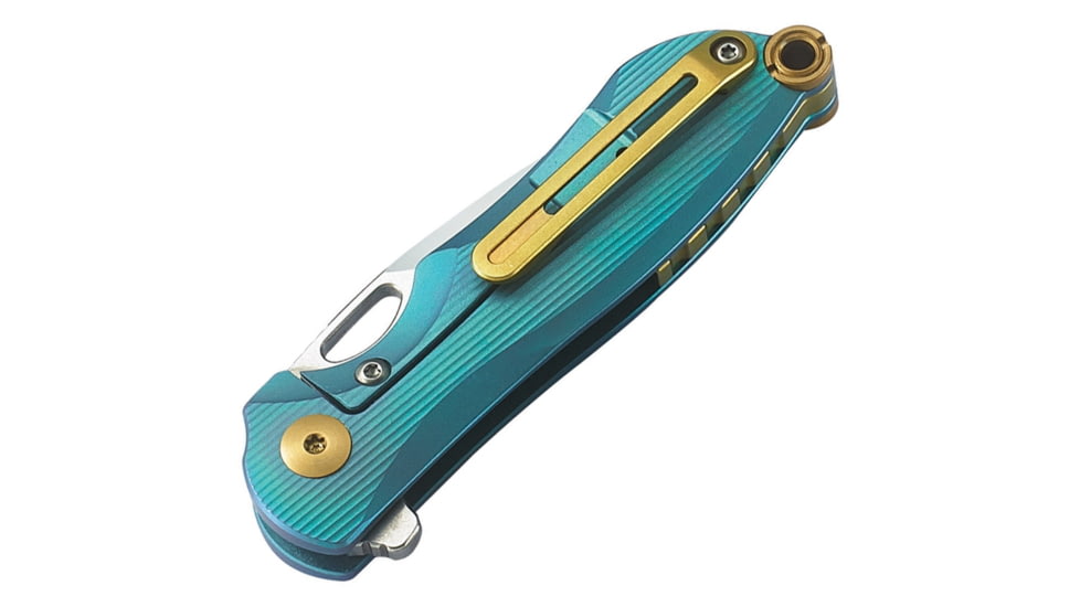 Bestech Knives Parrot Framelock Teal Folding Knife, 2.25in S35Vn SS Blade, Teal Grooved Titanium Handle, Thumb Pull, Pocket Clip, Satin And Stonewash Blade, Teal, BT1807D