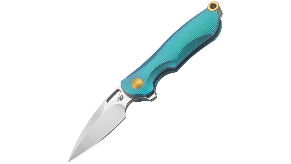 Bestech Knives Parrot Framelock Teal Folding Knife, 2.25in S35Vn SS Blade, Teal Grooved Titanium Handle, Thumb Pull, Pocket Clip, Satin And Stonewash Blade, Teal, BT1807D