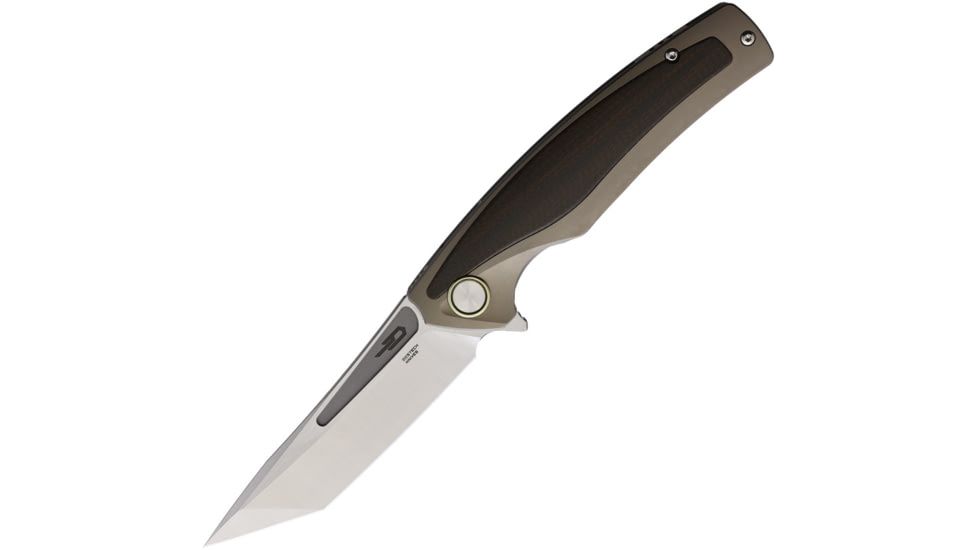 Bestech Knives Predator Framelock Gold Folding Knife, 3.5 stonewash and satin finish S35VN stainless bl, Champagne titanium handle with Black and orange ca, BT1706G