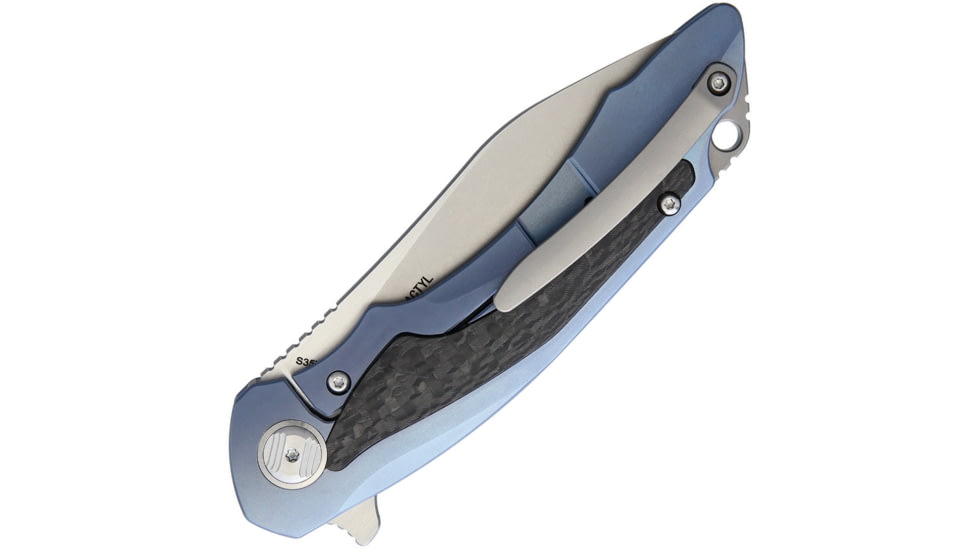Bestech Knives Pterodactyl Framelock Blue Folding Knife, 3.75in Satin S35Vn SS Blade, Blue Titanium Handle With Carbon Fiber Insert, Pocket Clip, Black Nylon Belt Sheath, Blue, BT1801A