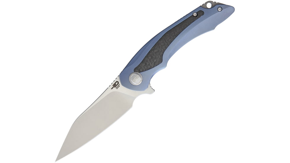 Bestech Knives Pterodactyl Framelock Blue Folding Knife, 3.75in Satin S35Vn SS Blade, Blue Titanium Handle With Carbon Fiber Insert, Pocket Clip, Black Nylon Belt Sheath, Blue, BT1801A