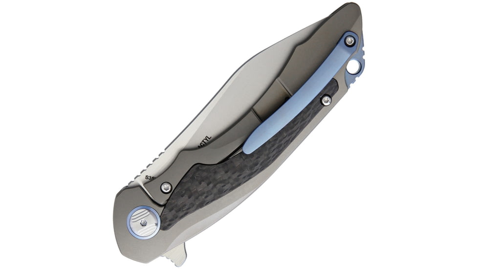 Bestech Knives Pterodactyl Framelock Bronze Folding Knife, 3.75in Satin S35Vn SS Blade, Bronze Titanium Handle With Carbon Fiber Insert, Pocket Clip, Black Nylon Belt Sheath, Bronze, BT1801C