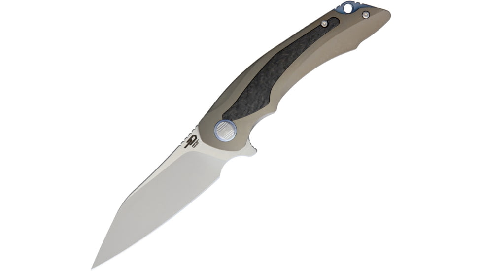Bestech Knives Pterodactyl Framelock Bronze Folding Knife, 3.75in Satin S35Vn SS Blade, Bronze Titanium Handle With Carbon Fiber Insert, Pocket Clip, Black Nylon Belt Sheath, Bronze, BT1801C