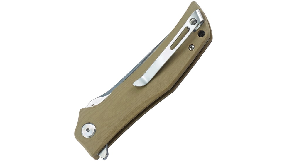Bestech Knives Scimitar G10 Linerlock Beige Folding Knife, 3.75in Satin D2 Tool Steel Clip Point Blade, Tan G10 Handle, Pocket Clip, Tan, BG05C-1