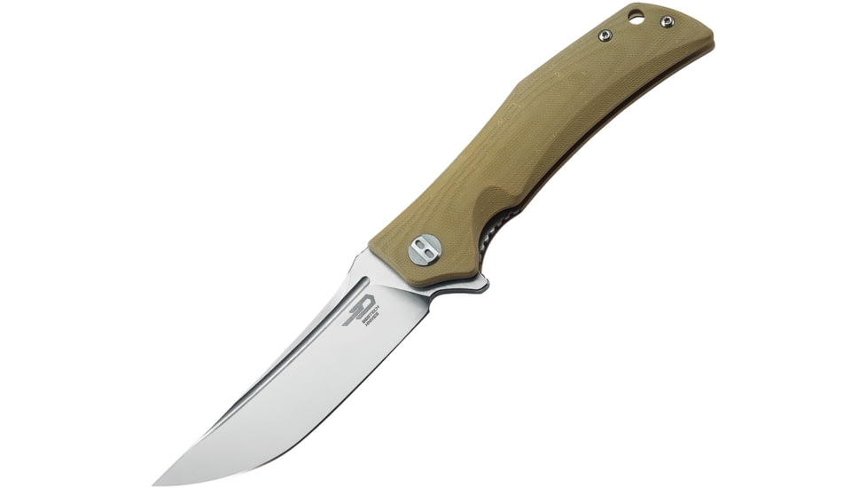 Bestech Knives Scimitar G10 Linerlock Beige Folding Knife, 3.75in Satin D2 Tool Steel Clip Point Blade, Tan G10 Handle, Pocket Clip, Tan, BG05C-1