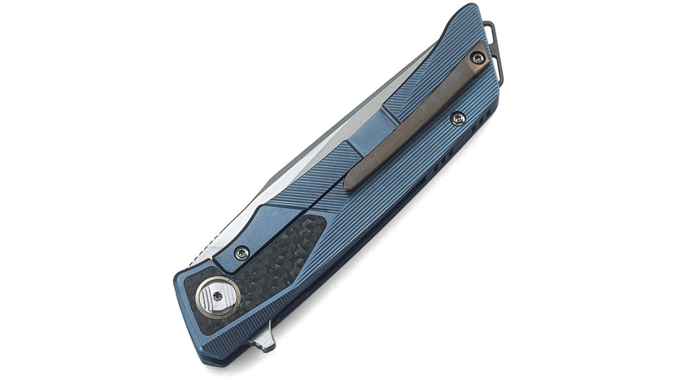 Bestech Knives Sky Hawk Framelock Blue Folding Knife, 3.5in Cpm S35Vn SS Blade, Blue Textured Titanium Handle w/Carbon Fiber Inlay, Bead Blast And Satin Blade, Black Nylon Case, Blue, BT1804C
