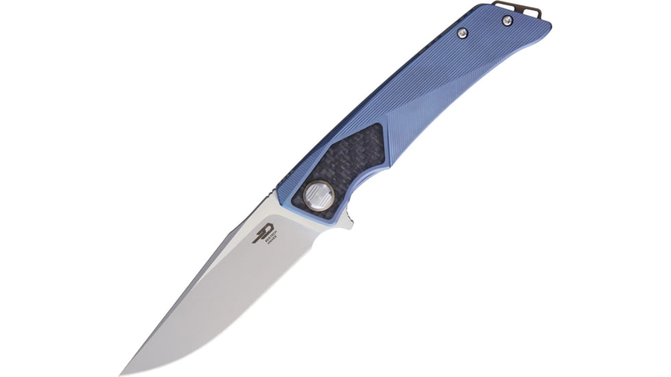 Bestech Knives Sky Hawk Framelock Blue Folding Knife, 3.5in Cpm S35Vn SS Blade, Blue Textured Titanium Handle w/Carbon Fiber Inlay, Bead Blast And Satin Blade, Black Nylon Case, Blue, BT1804C