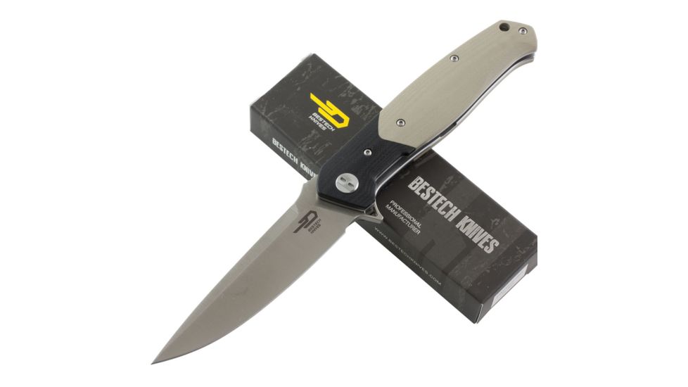 Bestech Knives Swordfish BG03B in 3.8 in Plain Edge Folding Blade, Black and Beige G10 Handle, BG03B