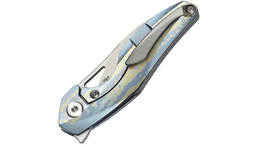 Bestech Knives The Reticulan Framelock Folding Knife, 2in Cpm S35Vn SS Blade, Blue/Gold Anodized Titanium Handle, Thumb Pull, Pocket Clip, Stonewash And Satin Blade, Black Kydex Neck Sheath, BT1810F