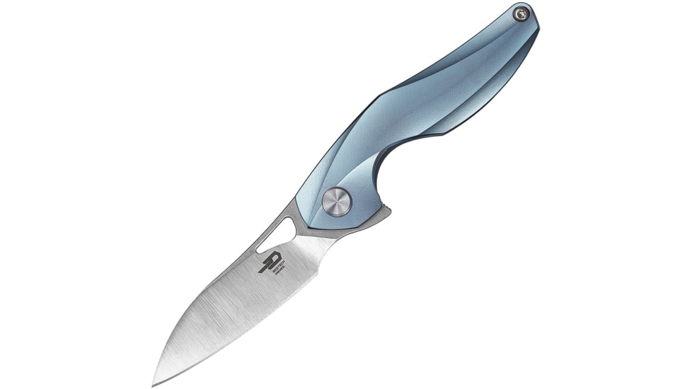 Bestech Knives The Reticulan Framelock Folding Knife, 2in Cpm S35Vn SS Drop Point, Blue Satin Titanium Handle, Stonewash And Satin Blade, Black Kydex Neck Sheath, BT1810B