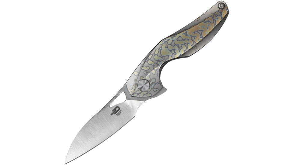 Bestech Knives The Reticulan Framelock Folding Knife, 2in Cpm S35Vn SS Drop Point, Gray Anodized Titanium Handle, Thumb Pull, Pocket Clip, Stonewash And Satin Blade, BT1810E