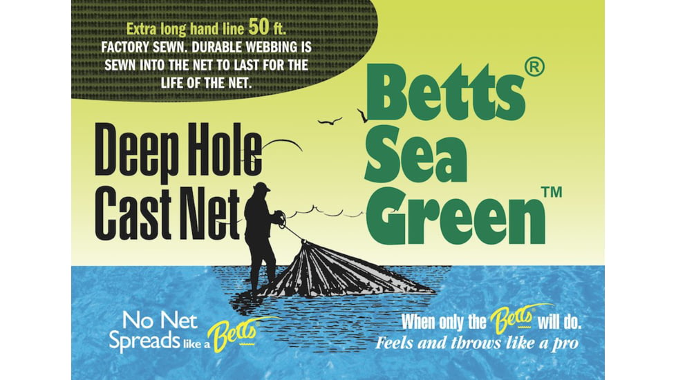 Betts Sea Green Deep Hole Mono Cast Net 6' 5/8" Mesh, Sewn-in Webbing,1.15Lb Lead/Ft, 14-6-DH