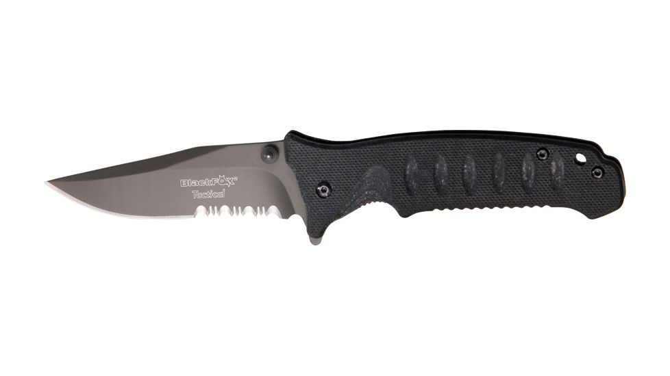 Black Fox Tactical Linerlock Fold Knife 4in, SS assisted opening partially serrated clip, Grooved black G-10 Handle BF114TS