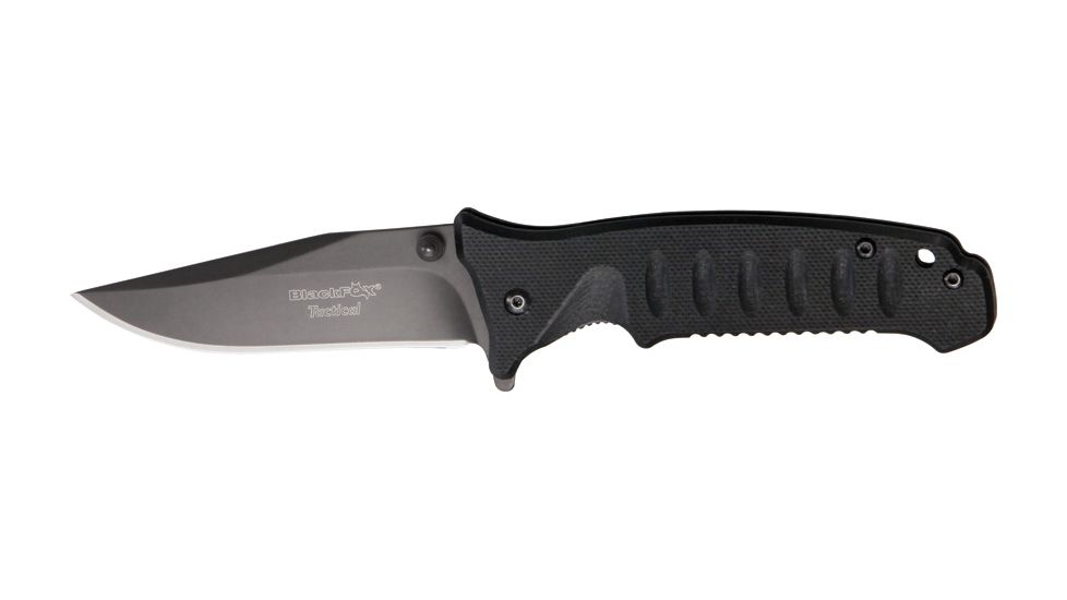 Black Fox Tactical Linerlock Fold Knife 4in, SS assisted opening standard edge clip blad, Grooved black G-10 Handle BF114T