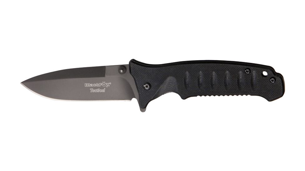 Black Fox Tactical Linerlock Fold Knife, 4in, SS assisted opening standard edge spear bla, Grooved black G-10 Handle BF115T