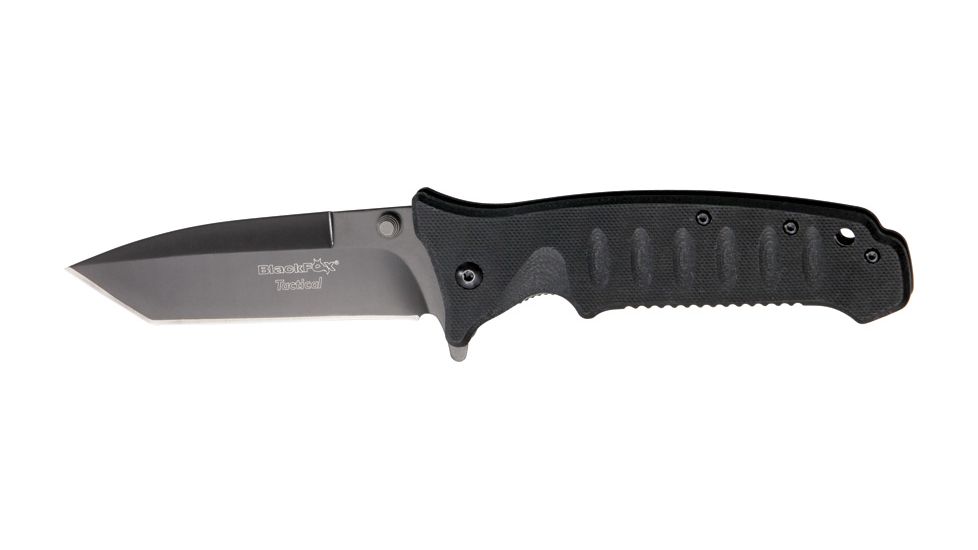 Black Fox Tactical Linerlock Fold Knife, SS assisted opening standard edge tanto bla, Grooved black G-10 Handle BF110T