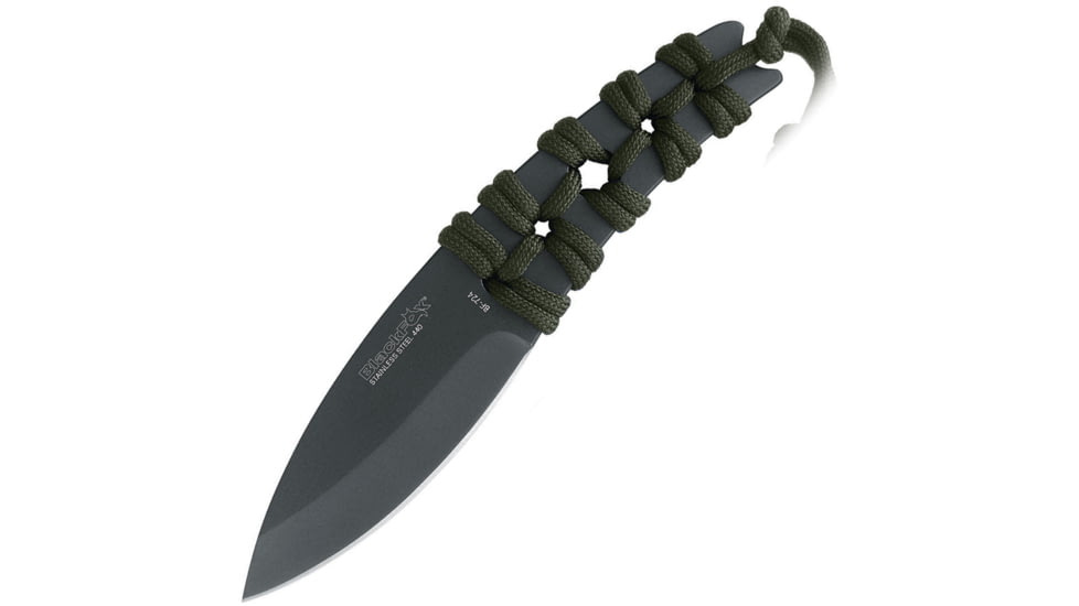 Black Fox Throwing Knife, 3.5 black titanium coated 440 stainless blade, Green cord wrapped handle, 02FX142