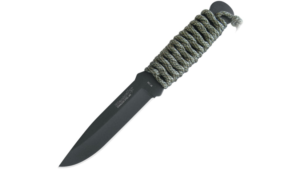 Black Fox Throwing Knife, 4.25 black titanium coated 440 stainless blade, Green paracord wrapped handle, 02FX144