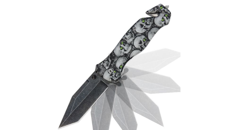 Black Legion Green-Eyed Skull Assisted Open Folding Knife,4.75in Closed Stonewash Blade,Aluminum Handle BV176