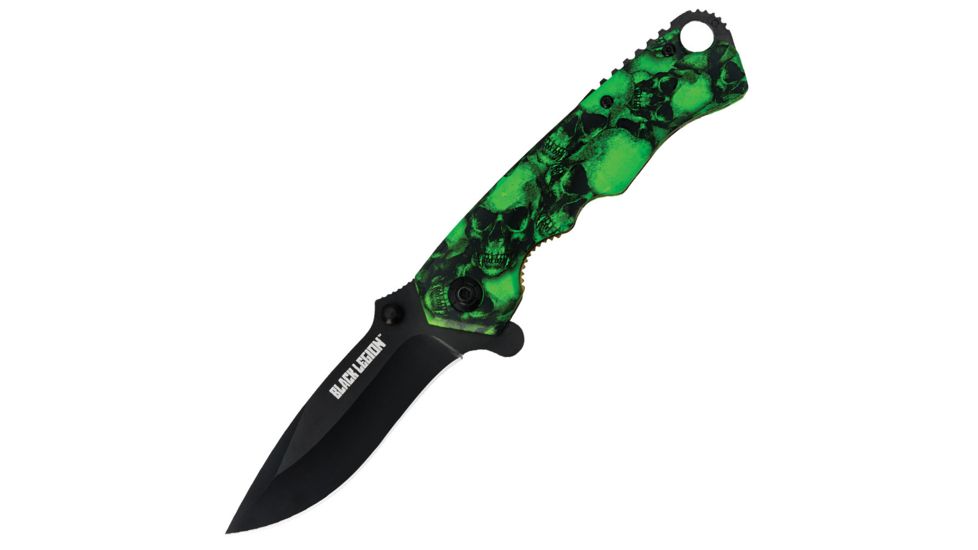 Black Legion Skull Mayhem Folding Knife,4.5in Closed Steel Blade,Green Skulls Handle BV161