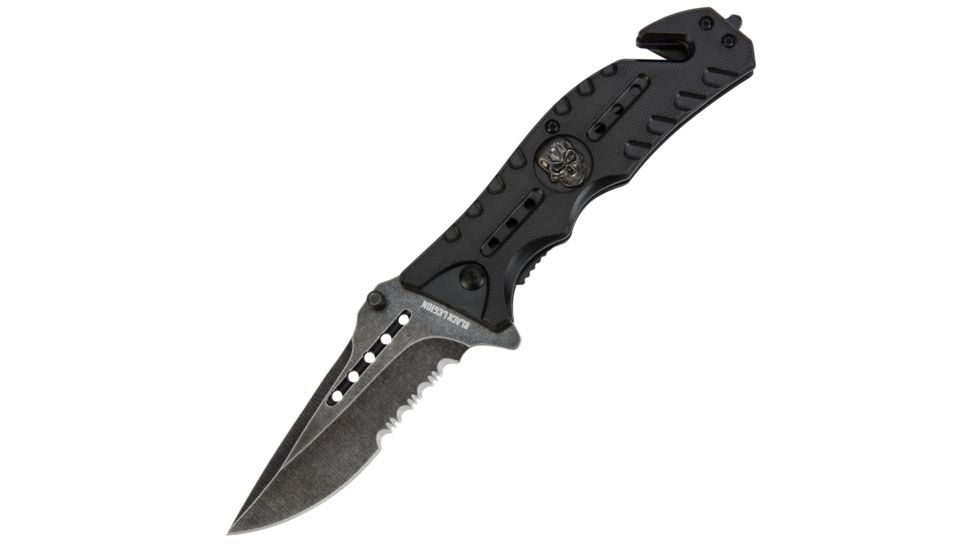 Black Legion Skull Rescue Folding Pocket Knife,4.5in Closed,Partially Serrated Drop Point Stainless Steel Blade,Black ABS Handle BV271