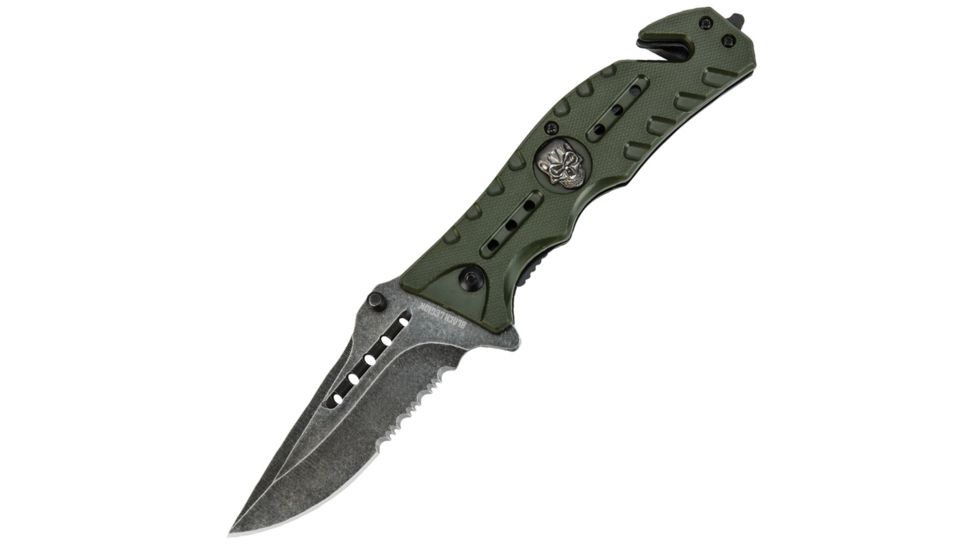 Black Legion Skull Rescue Folding Pocket Knife,4.5in Closed,Partially Serrated Drop Point Stainless Steel Blade,Green ABS Handle BV273