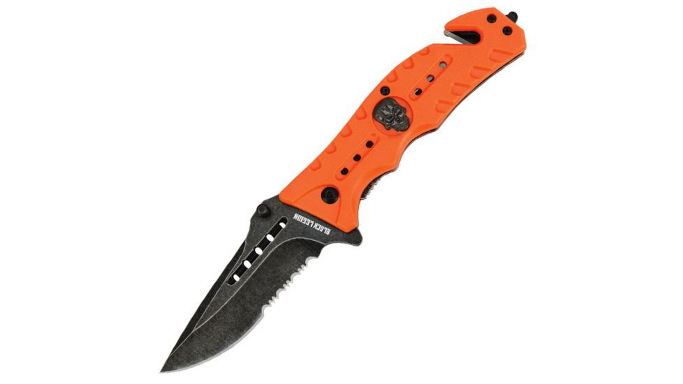 Black Legion Skull Rescue Folding Pocket Knife,4.5in Closed,Partially Serrated Drop Point Stainless Steel Blade,Orange ABS Handle BV272