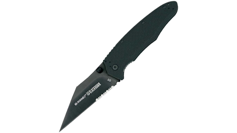 BlackHawk Be-Wharned Folding Knife, 3.38in, D2 Tool Steel, Partial Serrated, Sideliner G-10 Handle, Black, BH15BW211BK