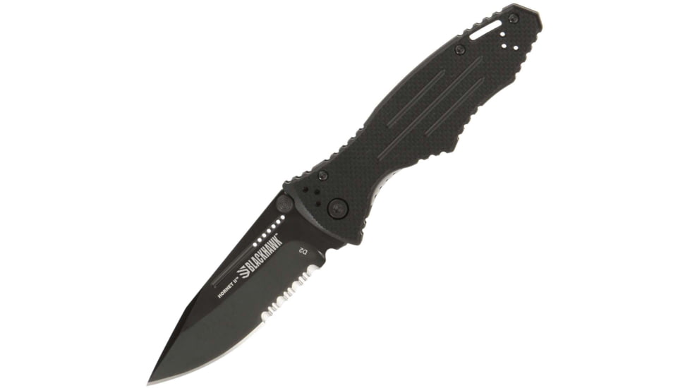 BlackHawk Hornet Folding Knife, 3.25in, D2 Tool Steel, Partial Serrated, Sideliner G-10 Handle, Black, BH15H211BK