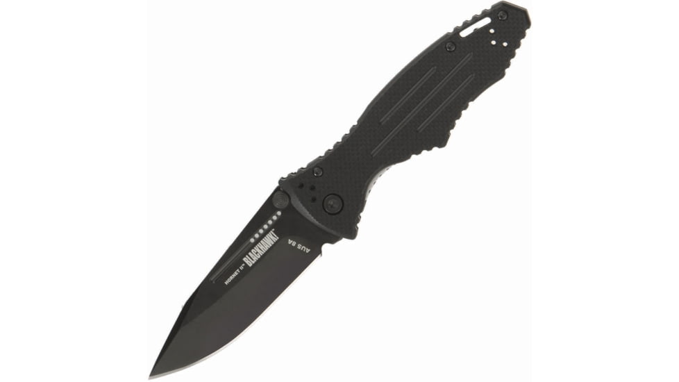 BlackHawk Hornet Folding Knife, 3.25in, D2 Tool Steel, Plain Edge, Sideliner G-10 Handle, Black, BH15H201BK