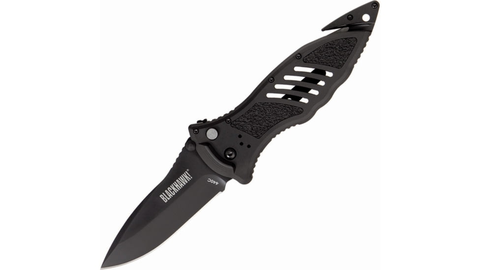 BlackHawk Large Button Lock Folding Knife, 3.75in, D2 Tool Steel, Plain Edge, Reinforced Nylon w/ 420J Stainless Steel Liners Handle, Black, BH15M301BK