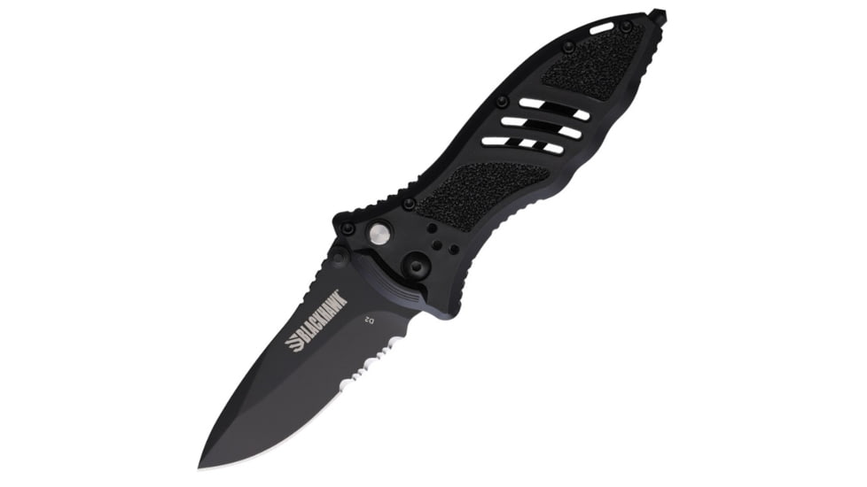 BlackHawk Small Button Lock Folding Knife, 3.25in, D2 Tool Steel, Partial Serrated, Reinforced Nylon w/ 420J Stainless Steel Liners Handle, Black, BH15M211BK