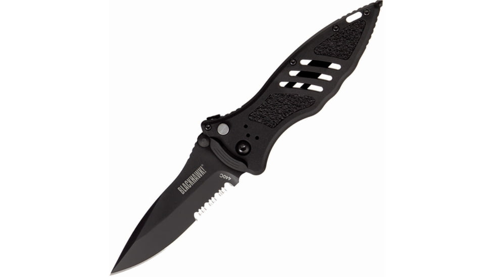 BlackHawk Small Button Lock Folding Knife, 3.25in, D2 Tool Steel, Partial Serrated, Reinforced Nylon w/ 420J Stainless Steel Liners Handle, Black, BH15M211BK