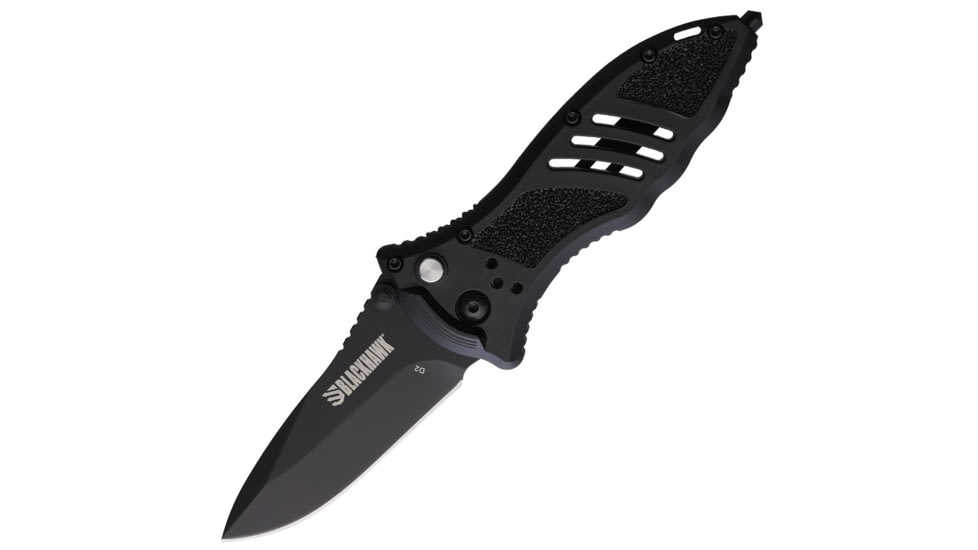 BlackHawk Small Button Lock Folding Knife, 3.25in, D2 Tool Steel, Plain Edge, Reinforced Nylon w/ 420J Stainless Steel Liners Handle, Black, BH15M201BK