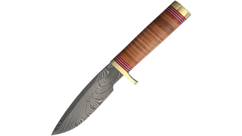Blackjack Classic Model 125 Damascus Fixed Blade Knife, 9.25in Overall, 5in Damascus Steel Drop Point, Stacked Leather Handle, Brass Guard And Pommel, Brown Leather Belt Sheath, BCB125DSL