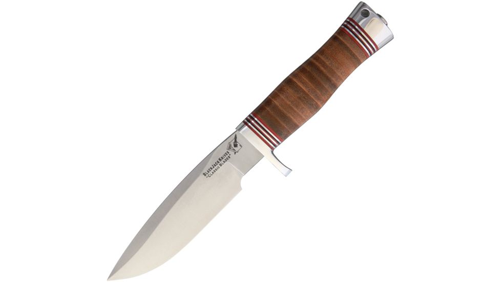 Blackjack Model 125 Commando Leather Fixed Blade Knife, 9.5in, 5in, A2 Tool Steel, Standard Edge, Satin, Stacked Leather Handle BCB125LCOM