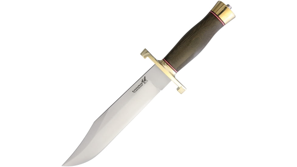 Blackjack Model 129 Bowie Fixed Blade Knife, 15in Overall, 9.25in Satin A2 Tool Steel Clip Point Blade, Green Canvas Micarta Handle, Brown Leather Belt Sheath, 12-9MGC