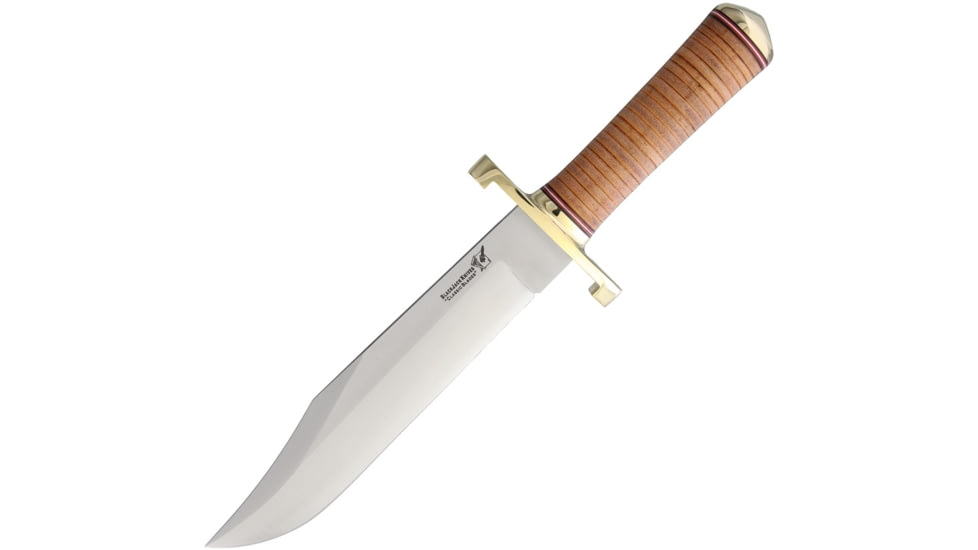 Blackjack Model 129 Bowie Fixed Blade Knife, 15in Overall, 9.25in Satin A2 Tool Steel Clip Point Blade, Stacked Leather Handle, Brown Leather Belt Sheath, 12-9SLT