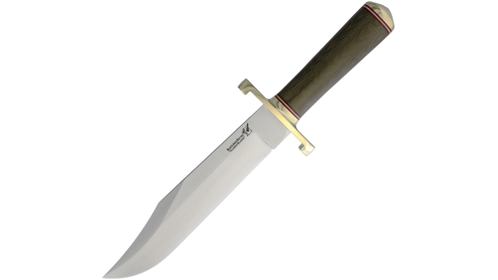 Blackjack Model 129 Bowie Tapered Fixed Blade Knife, 15in Overall, 9.25in Satin A2 Tool Steel Clip Point Blade, Green Canvas Micarta Handle, Brown Leather Belt Sheath, 12-9MGC TAPER