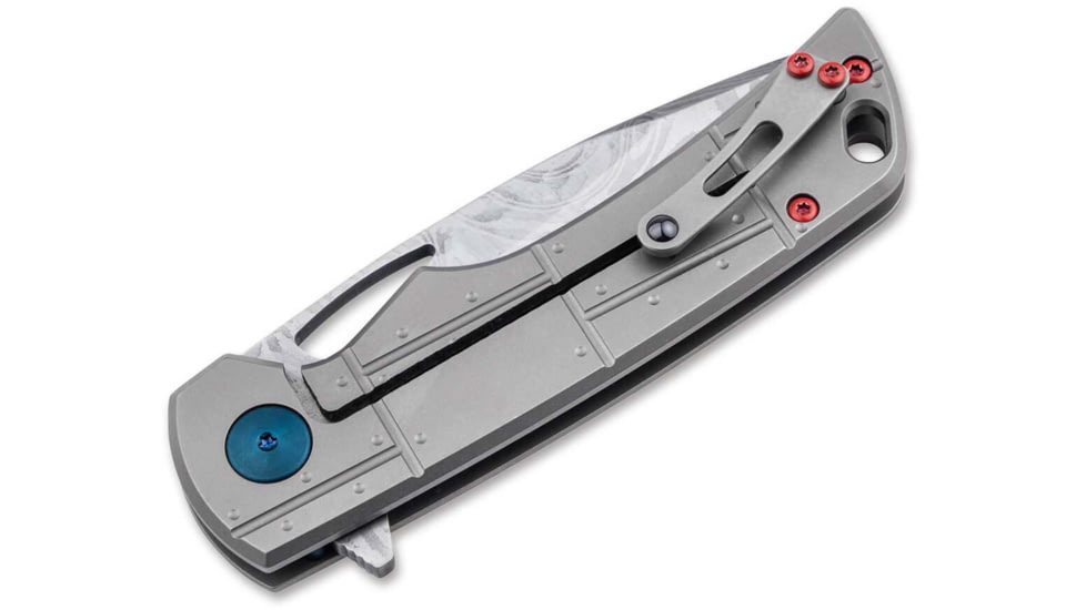 Boker 01Bo910Dam P-51 Damast 3.35 Drop Point Plain Silver Acid Etch Damascus Blade Titanium Handle