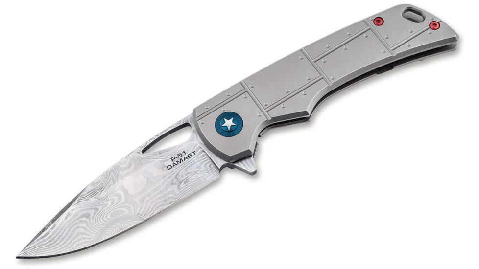 Boker 01Bo910Dam P-51 Damast 3.35 Drop Point Plain Silver Acid Etch Damascus Blade Titanium Handle