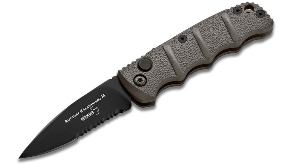 Boker 01Kals96 Kalashnikov 2.52 Drop Point Plain/Serrated Black D2 Steel Blade Gray Aluminum Handle