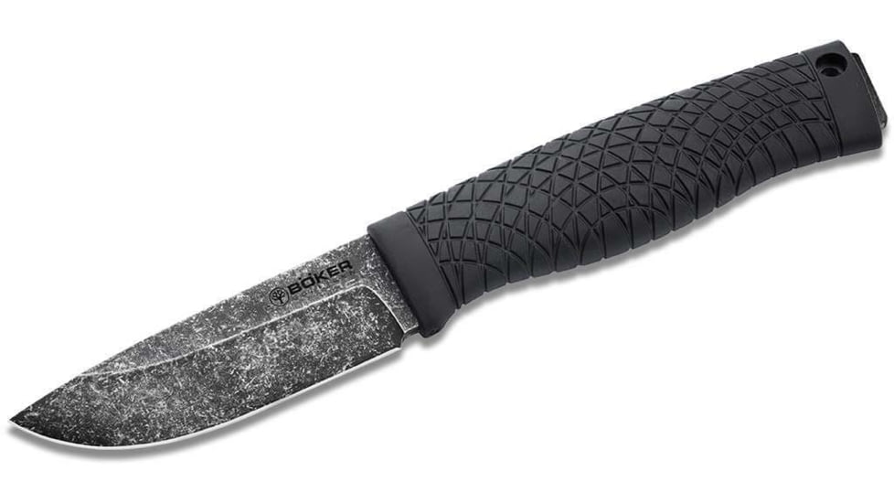 Boker Bronco Mini Fixed Blade Knife, 3.5in, 80CrV2 Stainless Steel, Black Stonewash Drop Point Blade, Black TPE Handle, Boxed, 121505
