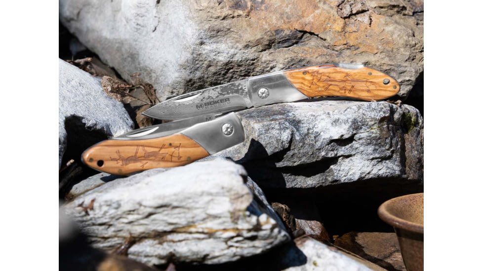 Boker Magnum Caveman Damascus Folding Knife, 4.38in Closed, 3.25in, Damascus Steel Blade, Brown Wood Handle, 01RY818DAM