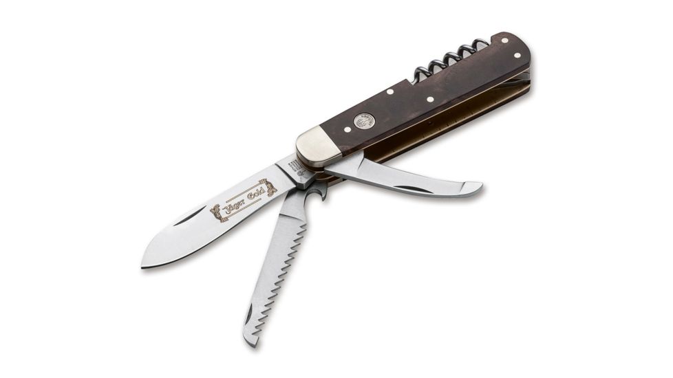 Boker Jager Gold Quadro Folding Knife, 3.375in, Saw, Gutting Blade and Corkscrew, Walnut Handles, Leather Sheath, 110646